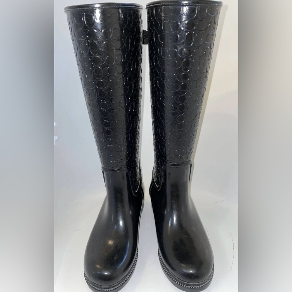 COACH Jacquard Signature C Laced Up Back Bow Heeled Black Rainboots Sz 10